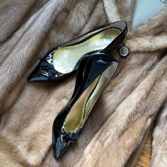 BCBG Paris Shoes - Black patent leather kitten wedge with tidy bow